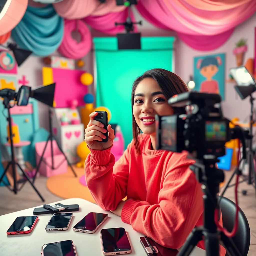 A dynamic, creative studio environment focusing on a content creator filming a TikTok video. The setting is filled with colorful props and lighting equipment, with dramatic side lighting highlighting the creator's expressive face. The background is adorned with an artistic arrangement of trendy items and vibrant backdrops, composed of bright pastels and bold colors to create an inviting and energetic mood. The perspective is centered on the creator, capturing the action as they engage with the camera. Textures are rich, showcasing the soft fabric of their clothing and the shiny surfaces of camera equipment. The image includes various studio lighting setups and an array of smartphones on a table, suggesting a fast-paced production environment. Styled like a behind-the-scenes cinematic shot, this hyper-detailed image should be in 8K resolution, reflecting the proactive and trendy atmosphere of creating content.