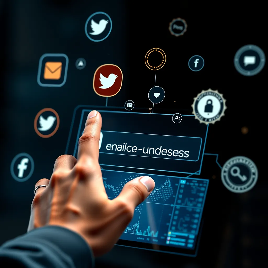 A dynamic, digital interface showing a user effortlessly capturing an email address with a single touch on a touchscreen device, surrounded by floating icons representing social media and verified badges.