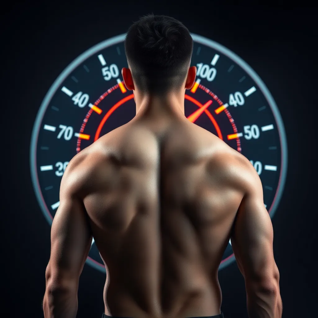 A dynamic, high-quality image of a person with a visibly toned body standing in front of a speedometer. The speedometer should be labeled 'Metabolism' and the needle should be in the high range. Use light and motion effects to suggest increased metabolic activity.