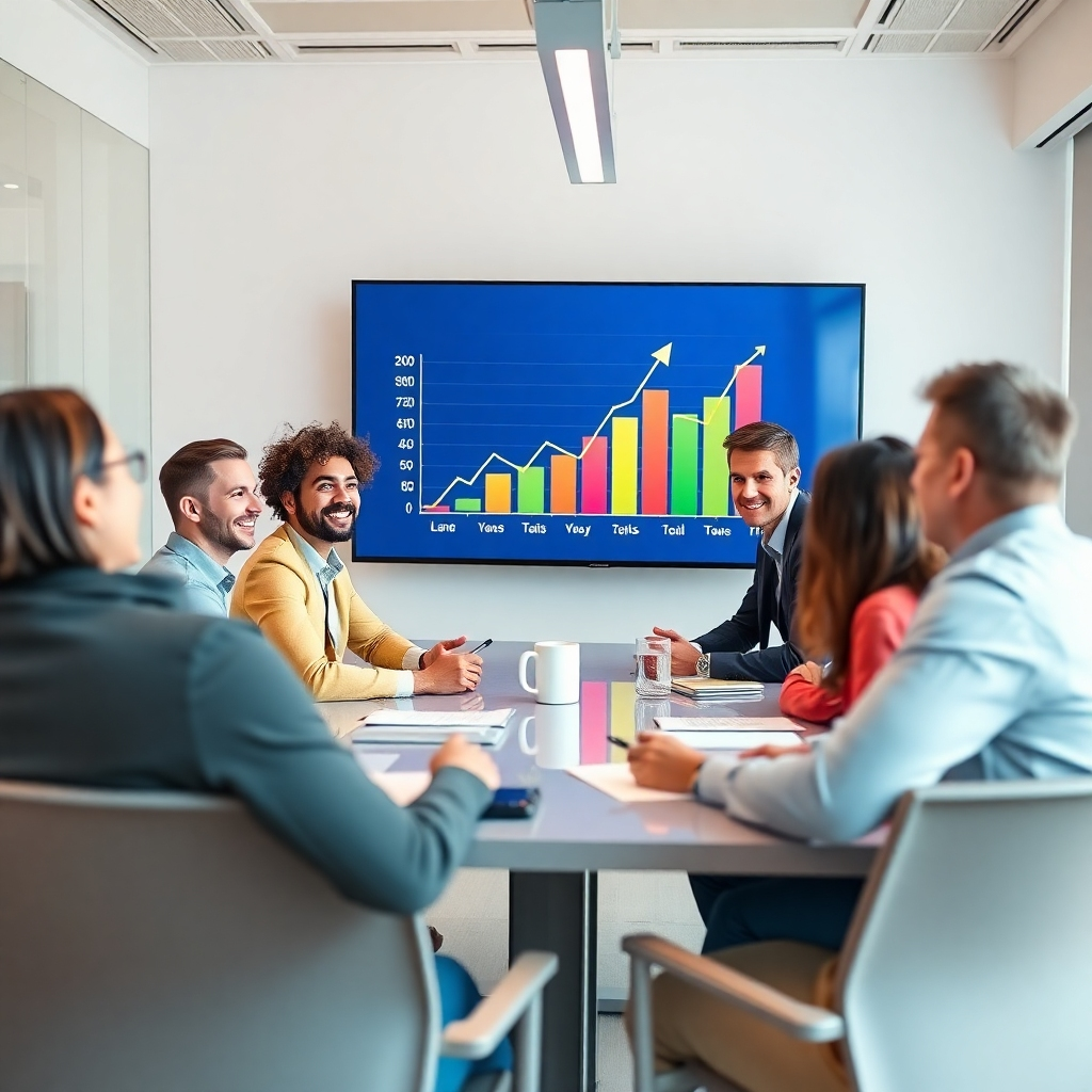 A dynamic, modern business meeting in progress, with a graph displaying rising profits on a digital screen. Diverse professionals are discussing strategies, looking optimistic and engaged. The room is filled with bright colors and tech-savvy tools, symbolizing growth and success.