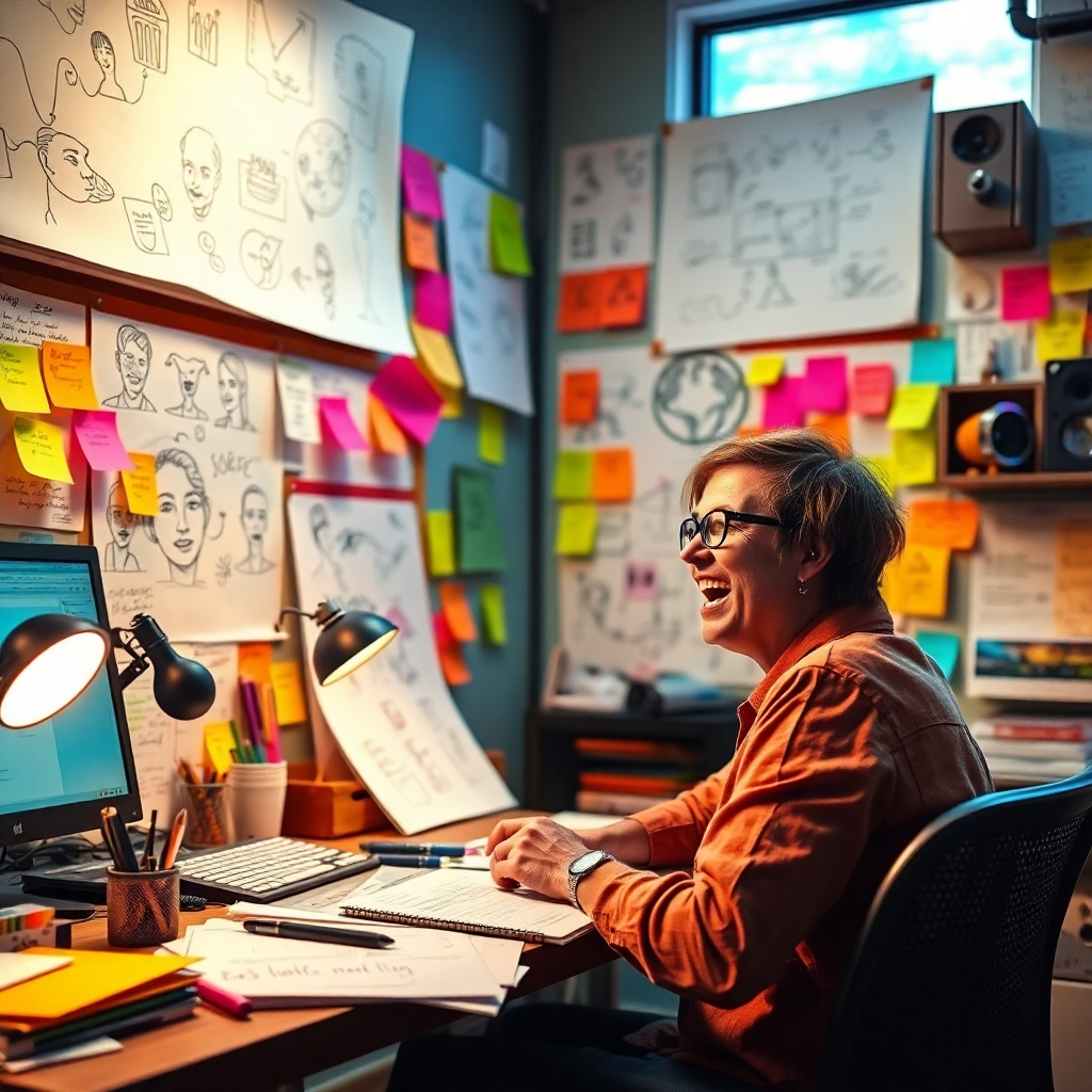 A dynamic and artistic workspace filled with sketches, storyboards, and colorful notes symbolizing creativity, with a person visibly excited about their brainstorming process. The lighting should be bright and stimulating, creating a lively atmosphere. The color palette needs to be vibrant, reflecting a blend of inspiration and creativity. The texture details should showcase the richness of various materials like paper and digital screens. This scene should be engaging and visualized in high-quality standards.