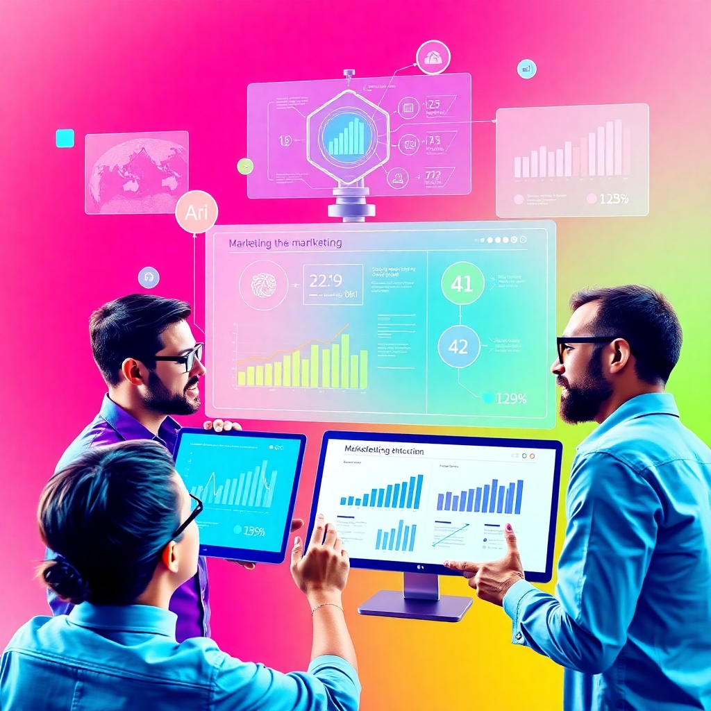 A dynamic collage image representing marketing teams brainstorming with AI interfaces, visualizing keyword data. The bright color palette captures the excitement of innovation, with technology and teamwork at its forefront. The composition is multi-layered with charts and visuals of keyword data and its results. Camera angle focuses on engaged participants, emphasizing collaboration. Technical specs: 4K resolution.