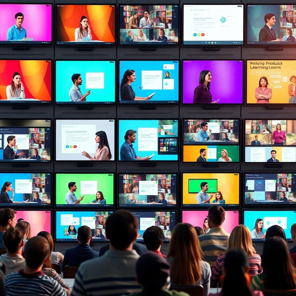 A dynamic collage of various video course formats on screens, including lectures, interactive quizzes, and visual tutorials. Each screen is colorful and distinct, set against a backdrop of diverse learners engaged in different learning styles, showcasing a vibrant learning environment.
