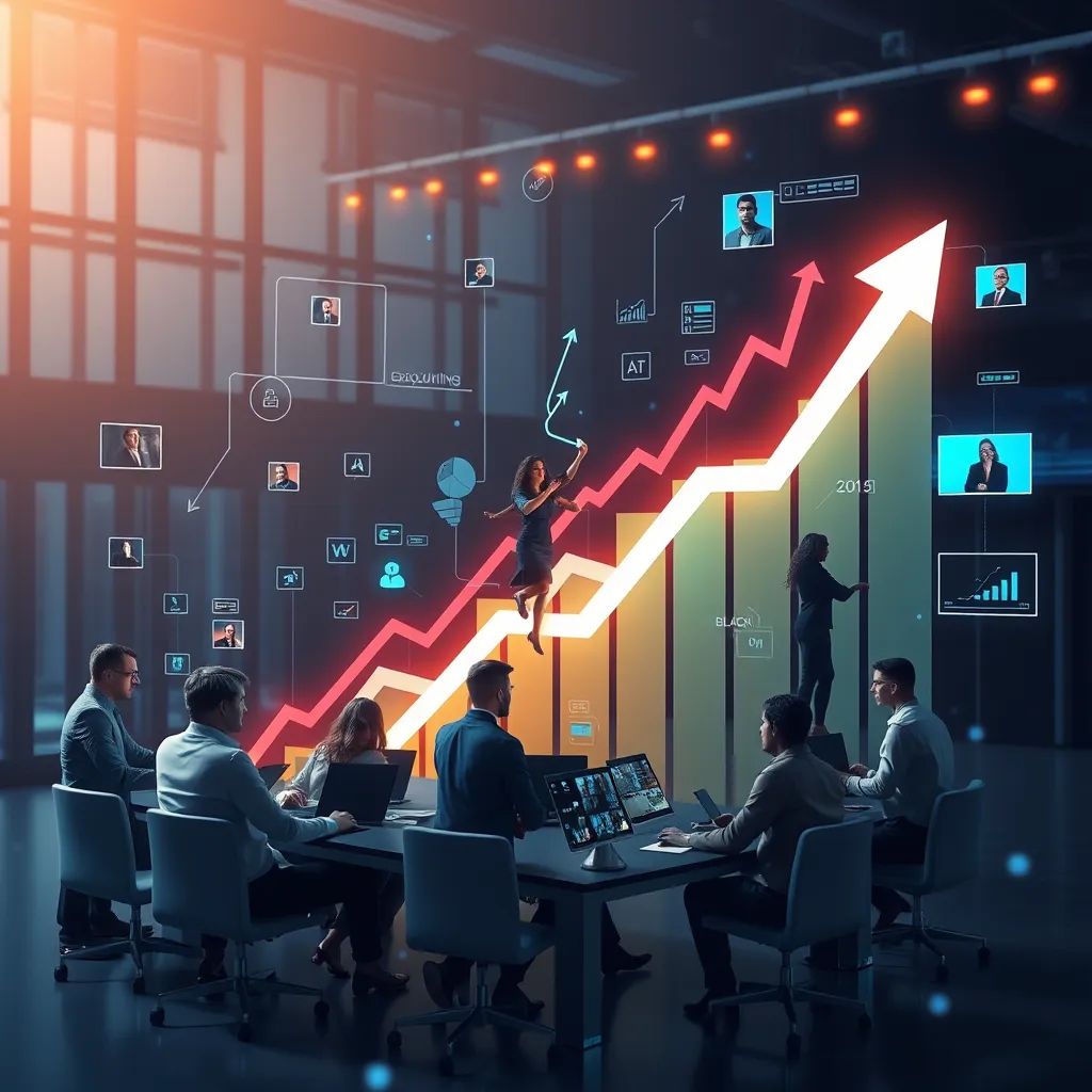 A dynamic graphic illustrating a growing business, with teams of diverse professionals connected through virtual platforms. Include visuals of upward arrows and graphs, symbolizing growth and adaptability in response to market demands.