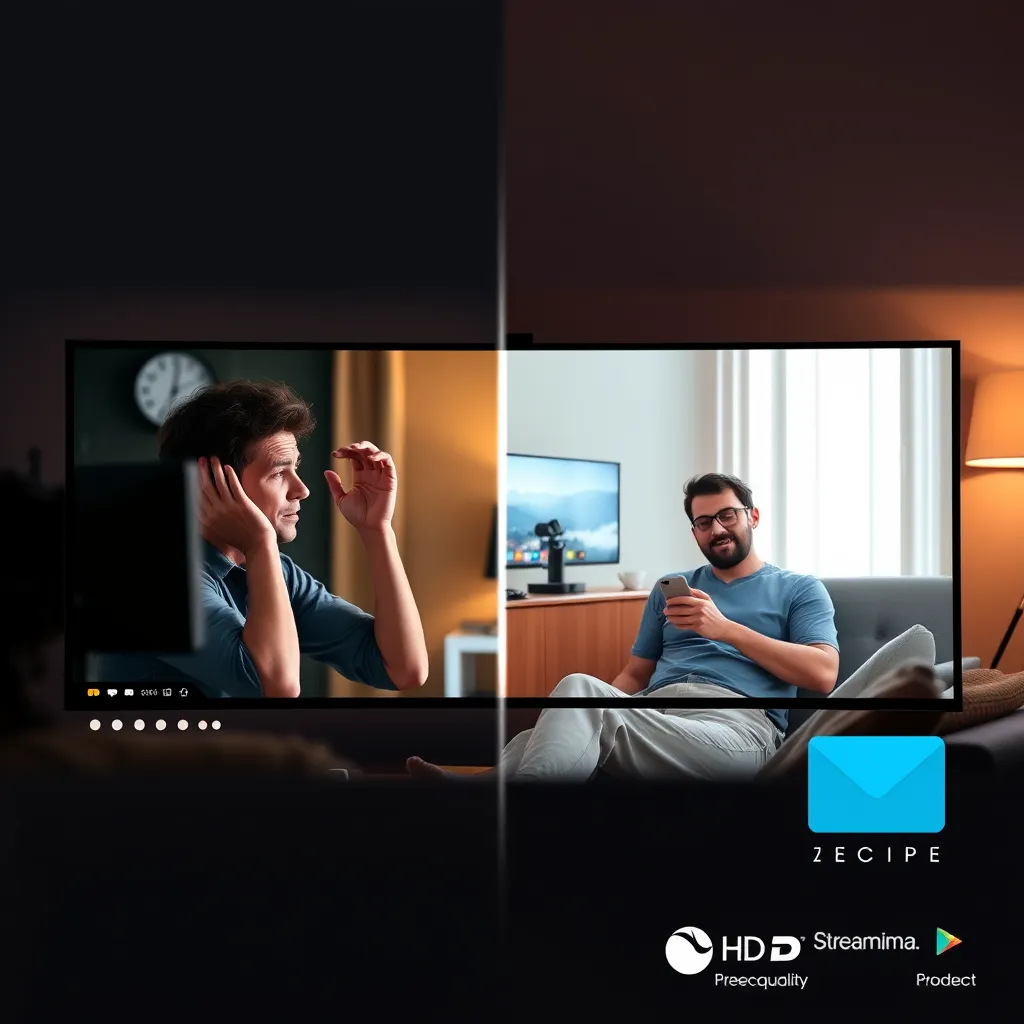 A dynamic graphic showing a split-screen view: on one side, a person nervously preparing for a live stream, and on the other, a confident individual relaxing while broadcasting a pre-recorded video. Include elements like HD video quality indicators and streaming platform logos.