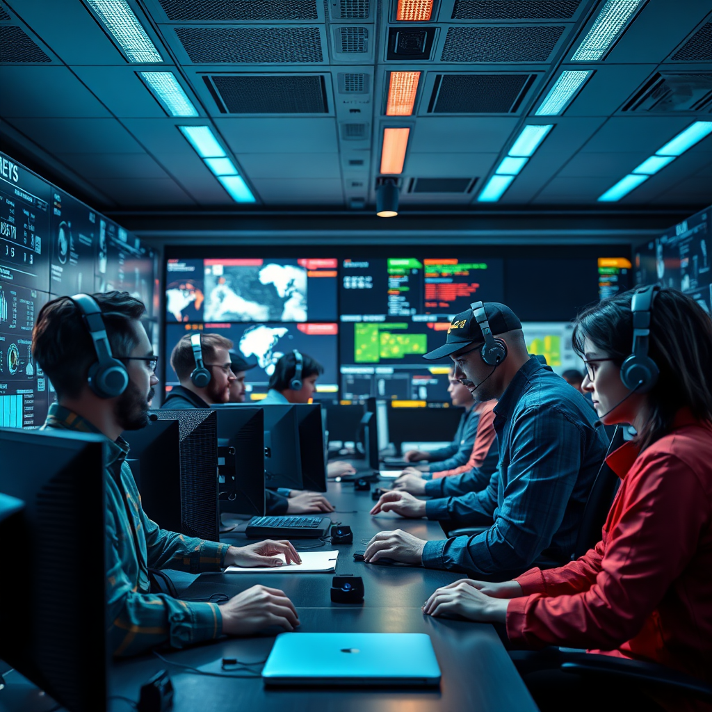 A dynamic image depicting a support team in action, responding to alerts in a high-tech control room. The environment is filled with screens displaying security feeds and analytics, illuminated by soft overhead lighting that enhances focus on the team members. The composition conveys urgency and commitment, symbolizing Soteria AI's dedication to customer support.