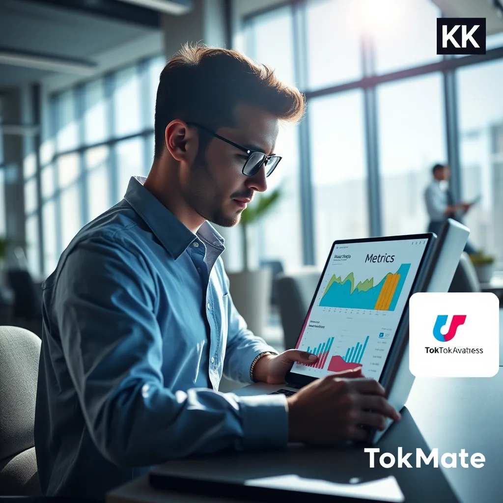 A dynamic image featuring a person analyzing metrics on a laptop under natural light. Include visual representations of TikTok analytics charts and graphs, with a backdrop of a modern office setting and the TokMate logo in the corner.