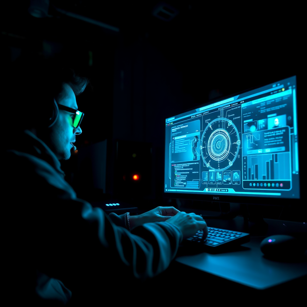 A dynamic image of a developer programming on a futuristic dual-screen setup, with holographic interfaces and projections emanating from the screens. The environment is dark yet illuminated by the glowing screens in shades of blue and green. The camera angle is close-up to emphasize the intricate details and focus on the screens. Style reference: Sci-fi technology.