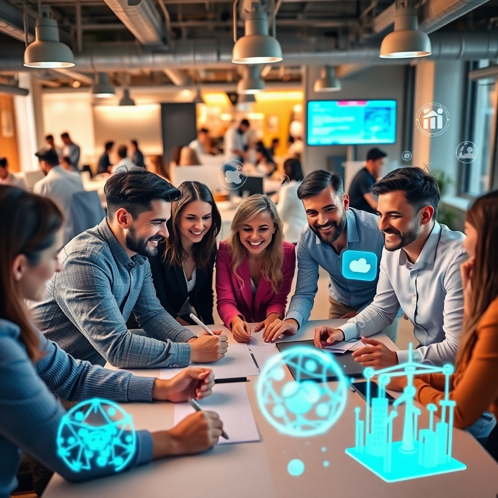 A dynamic image of a strategic planning session, showcasing a team integrating AI tools into their workflow. The atmosphere is collaborative, filled with enthusiasm, and modern tech icons are displayed in a bustling office environment. Soft lighting emphasizes innovation while the camera angle looks over the group working together with AI-produced examples around them. Technical specs: 4K resolution.