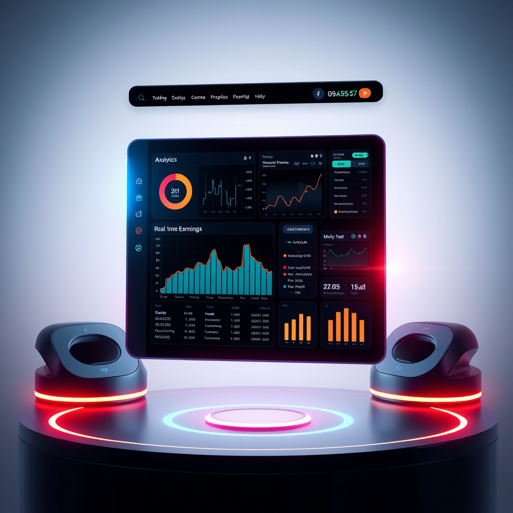 A dynamic image of a user interface of an AI tool, showcasing analytics and real-time earnings in a futuristic design. The background should be minimalistic with soft gradients to make the interface pop. The lighting should create a high-tech ambiance, drawing attention to the interface elements. The colors should include dark themes with vibrant highlights to demonstrate innovation and effectiveness. This photorealistic imagery should resonate with tech-savvy individuals aspiring for success.