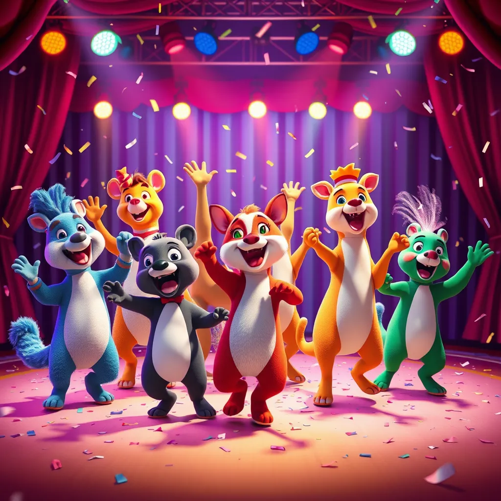 A dynamic image showcasing a group of animated animals dancing joyfully on a colorful stage, complete with lights and confetti. Each animal should be designed with unique colors and expressions, illustrating a festive and lively performance atmosphere.