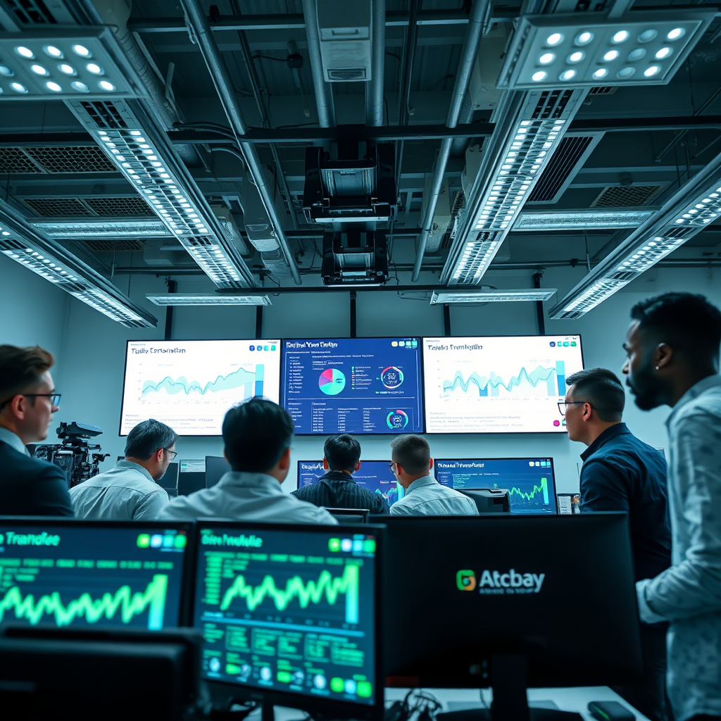 A dynamic image showing a diverse team collaborating over an AI project with visual data analytics displayed on screens. Bright, overhead lighting energizes the workspace filled with modern tech gear. The color scheme incorporates vivid whites and greens, reflecting innovation. A perspective from above captures the teamwork essence while maintaining focus on the screens displaying trends. Textured elements in the image should be highlighted through reflections on the shiny screens. The final output should aim for 8K clarity.