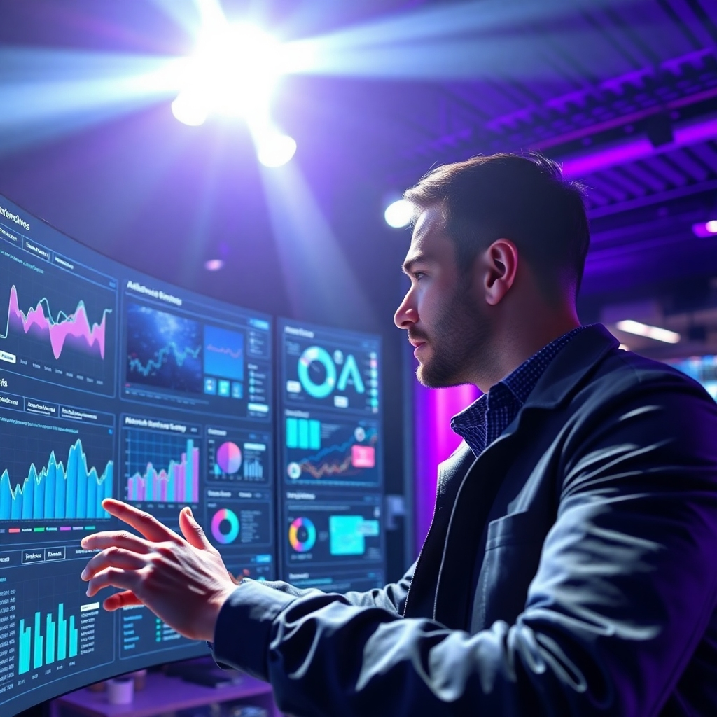 A dynamic image showing a marketing expert analyzing audience engagement on digital platforms. The expert interacts with interactive graphics and videos using AI dashboards, filled with real-time data. Bright spotlights shine from above in a sophisticated tech-rich environment, highlighting a color scheme of deep purple and silver to evoke innovation. The angle captures both the expert's focus and the impressive displays of insights.