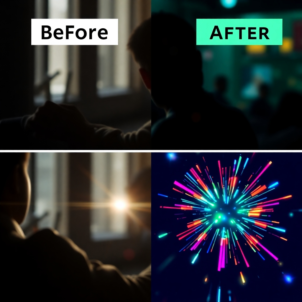 A dynamic image showing before-and-after scenes of video footage transformation. The 'before' side is slightly dull, while the 'after' bursts with colors and effects brought by AI. The lighting shifts dramatically, focusing attention on the vibrant visuals. The textures are sharp and clear, emphasizing the contrast in quality and engagement.