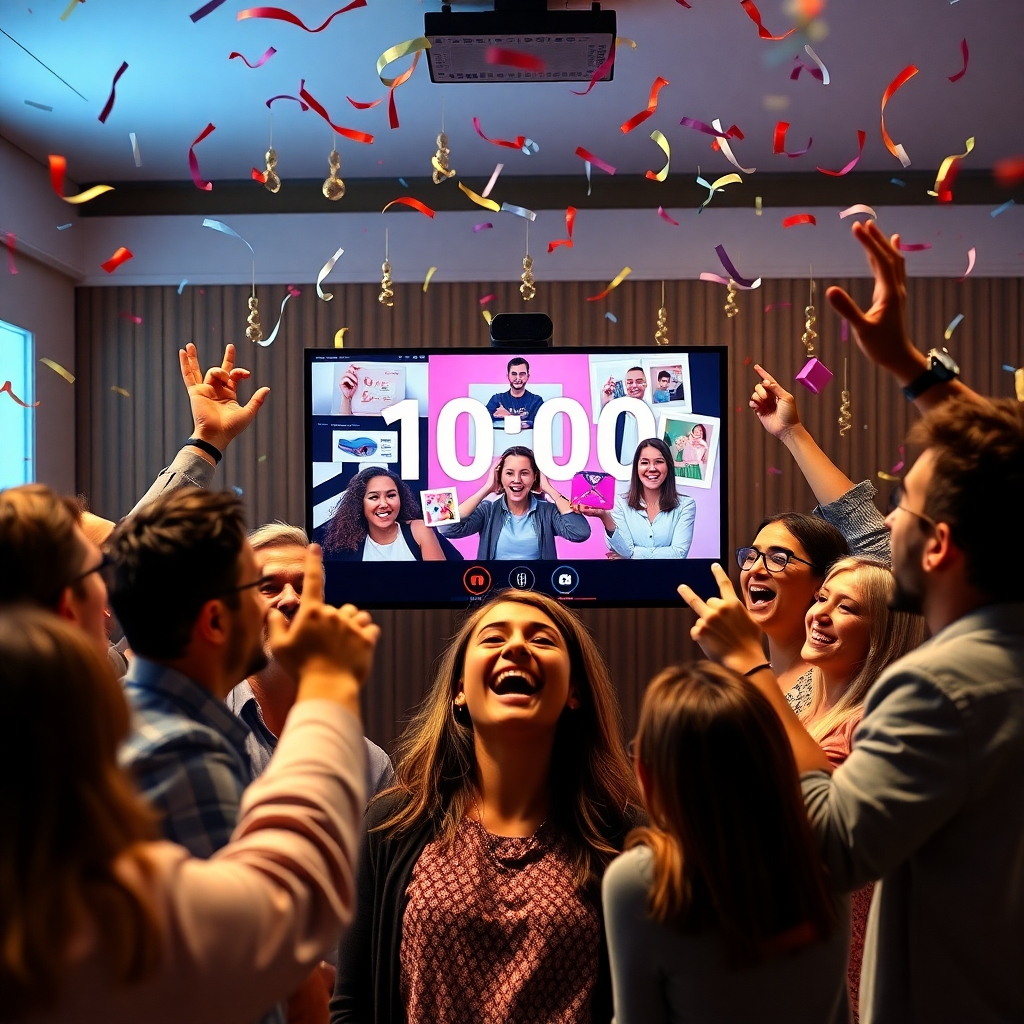 A dynamic launch scene featuring an excited group of people on a video call with a countdown timer in the background, showcasing a vibrant digital campaign with product images, confetti, and enthusiastic reactions, symbolizing success and engagement.