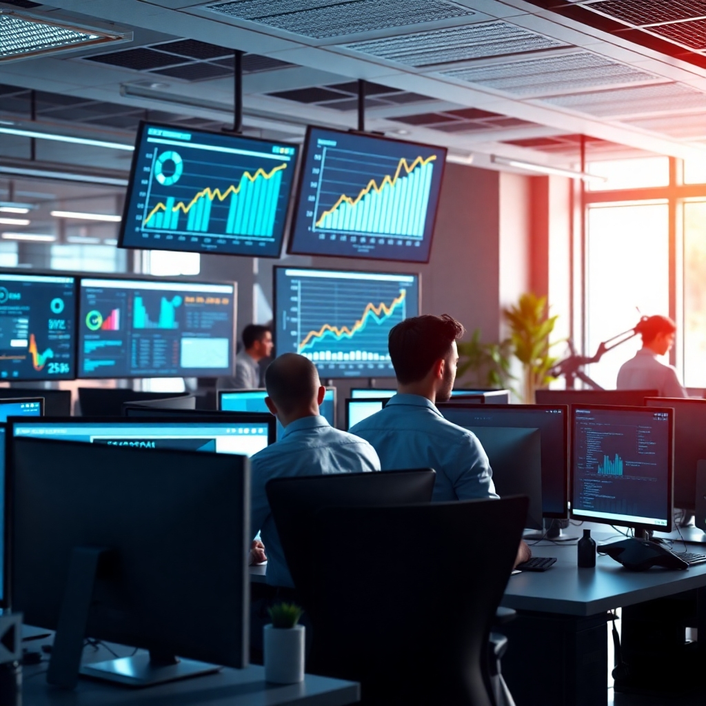 A dynamic office environment with AI bots managing various tasks on multiple computer screens. Human employees are seen analyzing data and collaborating, while a chart on a screen shows upward growth in productivity and profits.