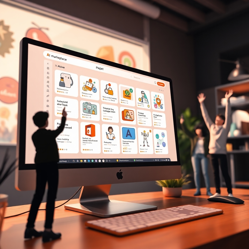 A dynamic online marketplace interface illustrated on a computer screen, displaying diverse AI applications with pricing tags and user reviews, alongside people celebrating successful sales, emphasizing easy monetization of digital products.