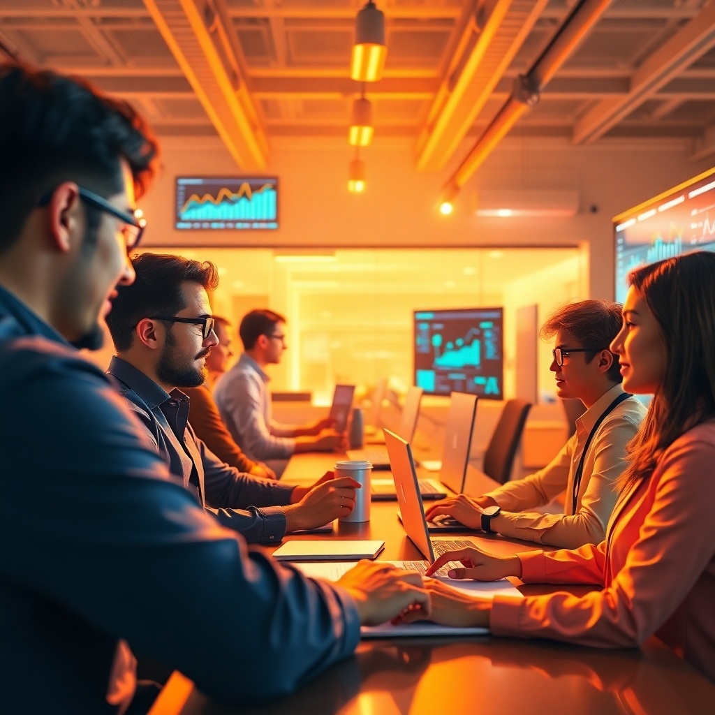 A dynamic, photorealistic image showing a busy office with team members engaging with AI tools and analytics. The environment is bright and vibrant, filled with charts and graphs on screens that reflect improvement and success in workflow. The lighting is warm and energetic, emphasizing a culture of productivity. Include diverse professionals to showcase a collaborative atmosphere. Technical specifications: high resolution.