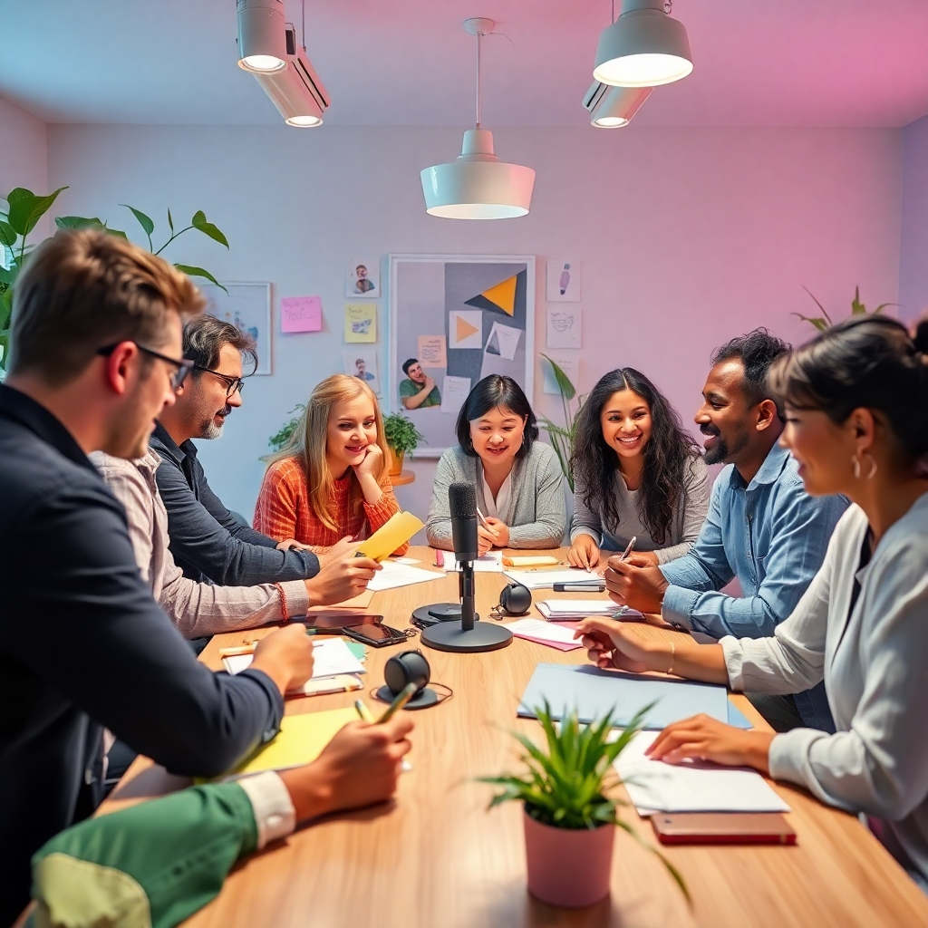 A dynamic, photorealistic image of a brainstorming session where a diverse team writes and discusses podcast ideas collaboratively, surrounded by creative notes and devices. The color palette includes playful pastels to evoke a sense of creativity. Bright overhead lights provide clarity, and natural elements like plants enhance the creative environment. Technical specs: 4K resolution, high quality.