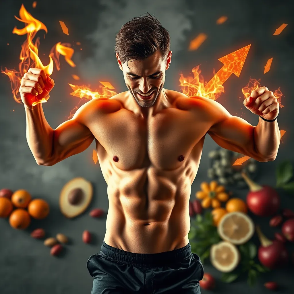 A dynamic photorealistic image of a fit person, appearing energized and active, with digital graphics overlay showing vibrant elements that symbolize metabolism boost like flames and arrows. Background includes fruits and herbs, indicating natural ingredients.