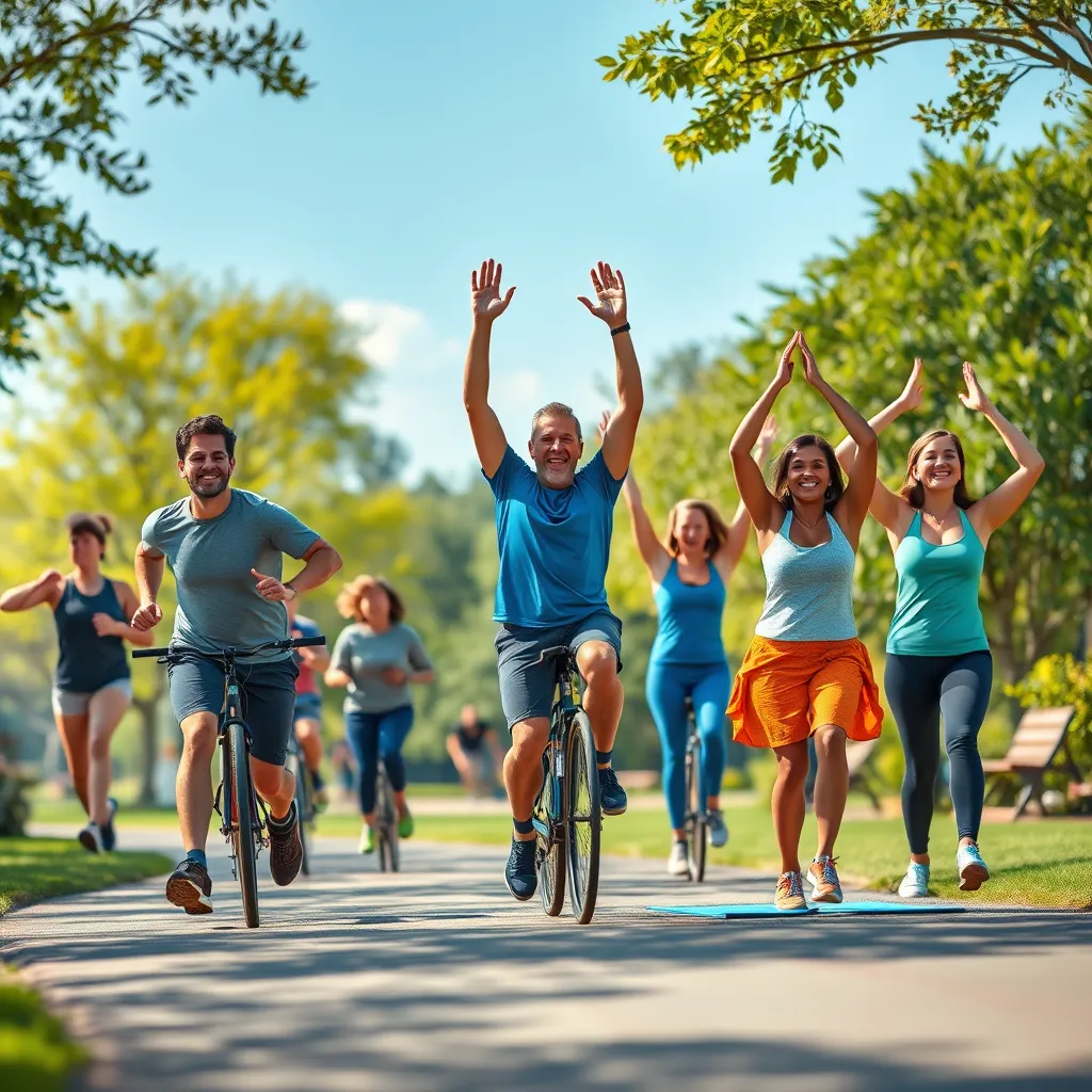 A dynamic scene depicting a diverse group of people engaged in various healthy activities like running, cycling, and practicing yoga in a scenic park. The setting should be bright and encouraging, showcasing joy, vitality, and a spirit of empowerment in maintaining balanced health.