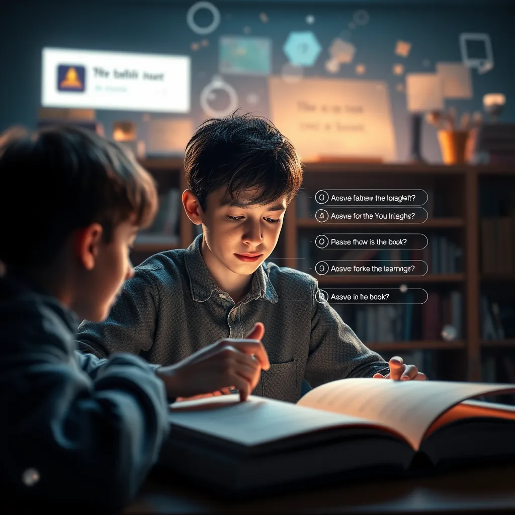A dynamic scene depicting a reader participating in a quiz within an interactive book environment. Include visual elements like quiz questions, answer options popping up, and animated feedback that reflects gamification elements, showcasing the fun and engaging nature of learning.