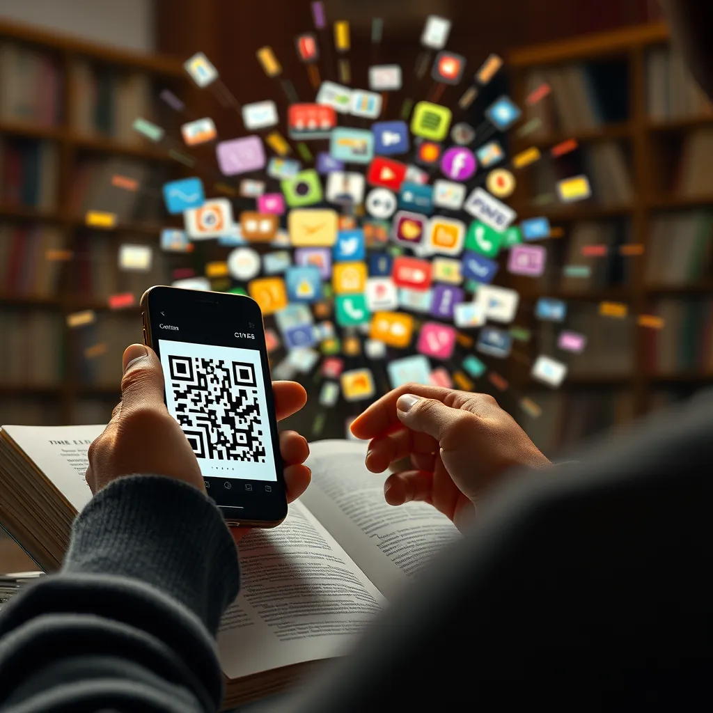 A dynamic scene depicting a reader scanning a QR code from an interactive book with a smartphone. In the background, a burst of colorful content options appears, such as videos and product links, symbolizing the transition from reading to interactive exploration.