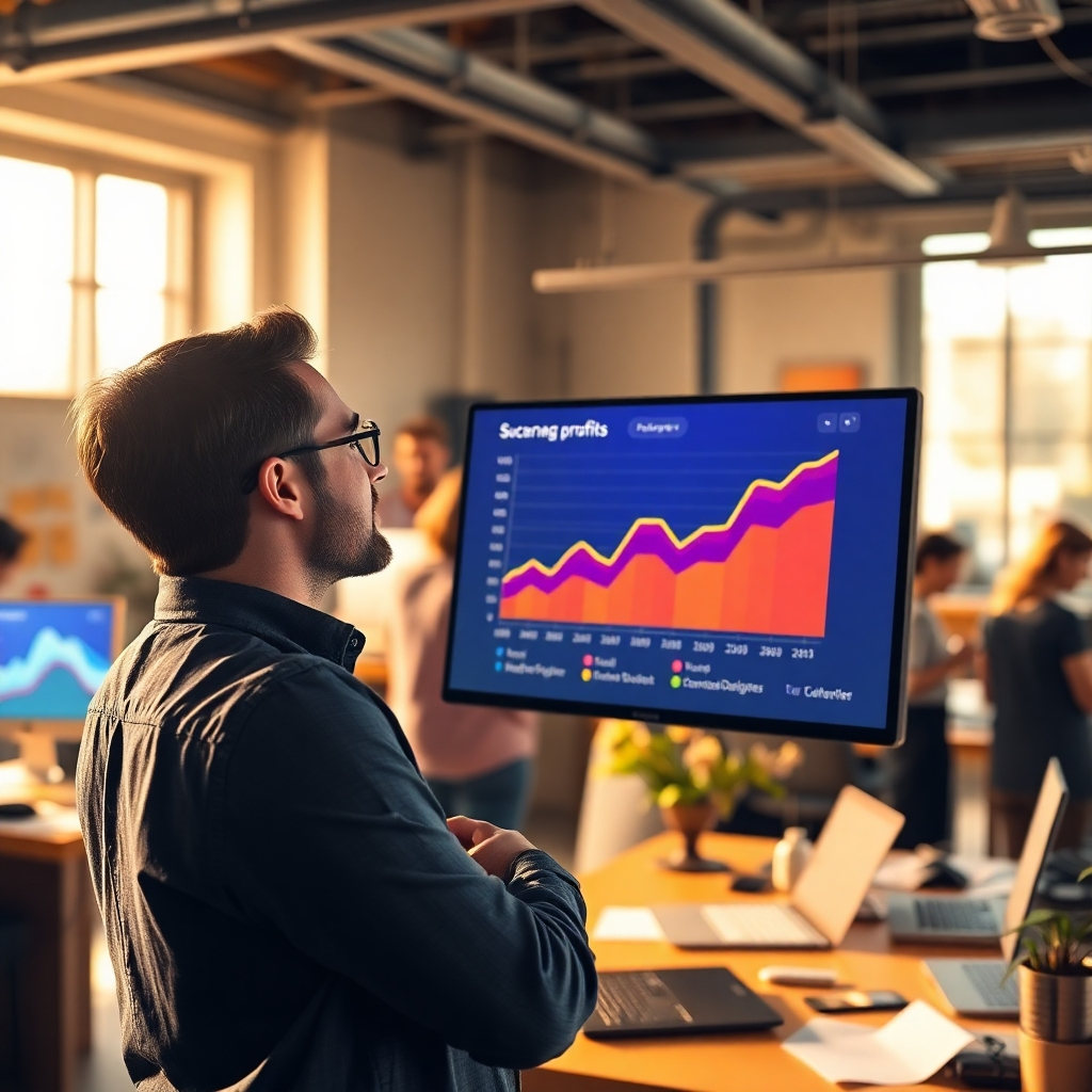 A dynamic scene depicting a successful designer looking at a screen with a graph showing increasing profits alongside vibrant design prototypes. The setting is a bustling studio full of creative energy, with other designers collaborating in the background. The lighting is encouraging, with golden hour tones adding warmth to the environment. The composition highlights a blend of digital and physical design elements, emphasizing profitability and creativity. This high-quality, photorealistic image should inspire viewers to see the financial potential of their designs through MagicDesigners Suite.