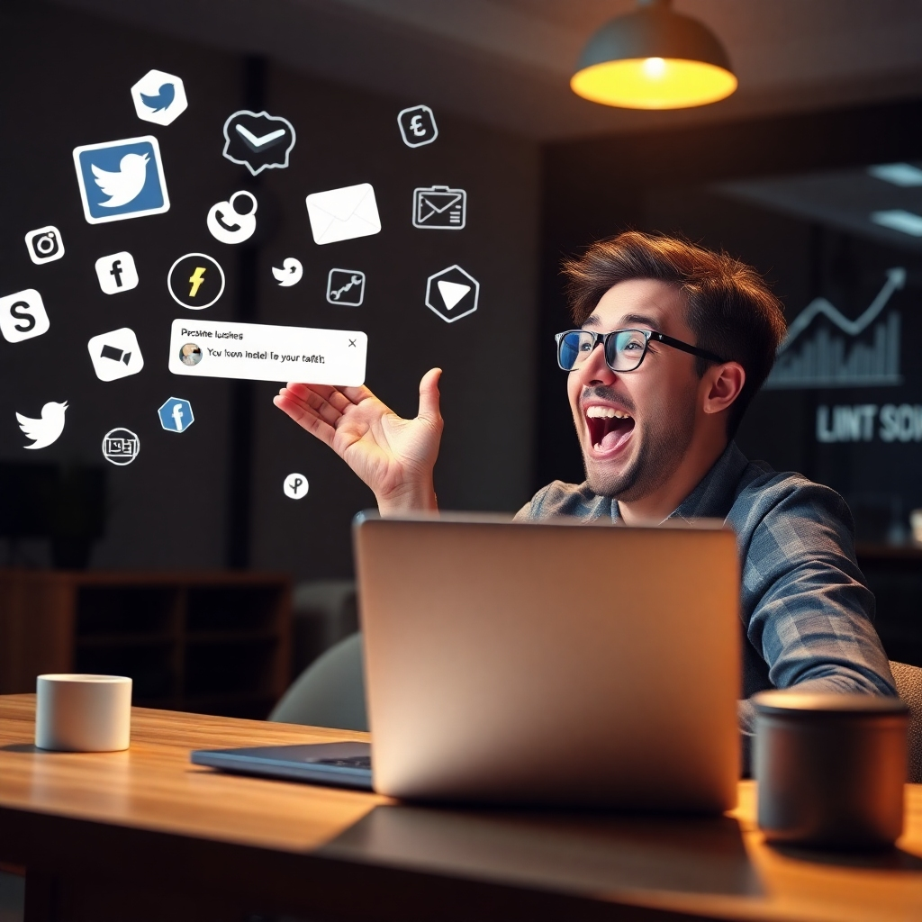 A dynamic scene featuring a person excitedly launching their online business on a laptop, with notifications popping up on the screen. Around them, social media icons and marketing graphs depict the flow of engagement and traffic, conveying a sense of excitement and achievement.