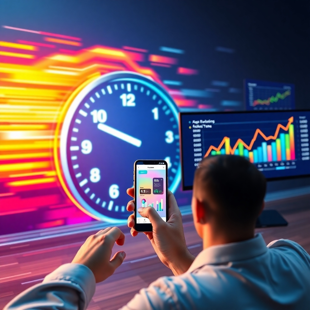 A dynamic scene illustrating a digital clock racing forward, symbolizing speed and efficiency in app development. In the foreground, a person excitedly launching a colorful app on a smartphone, while charts and graphs showcasing rapid profit growth are displayed on nearby screens, representing quick financial success.