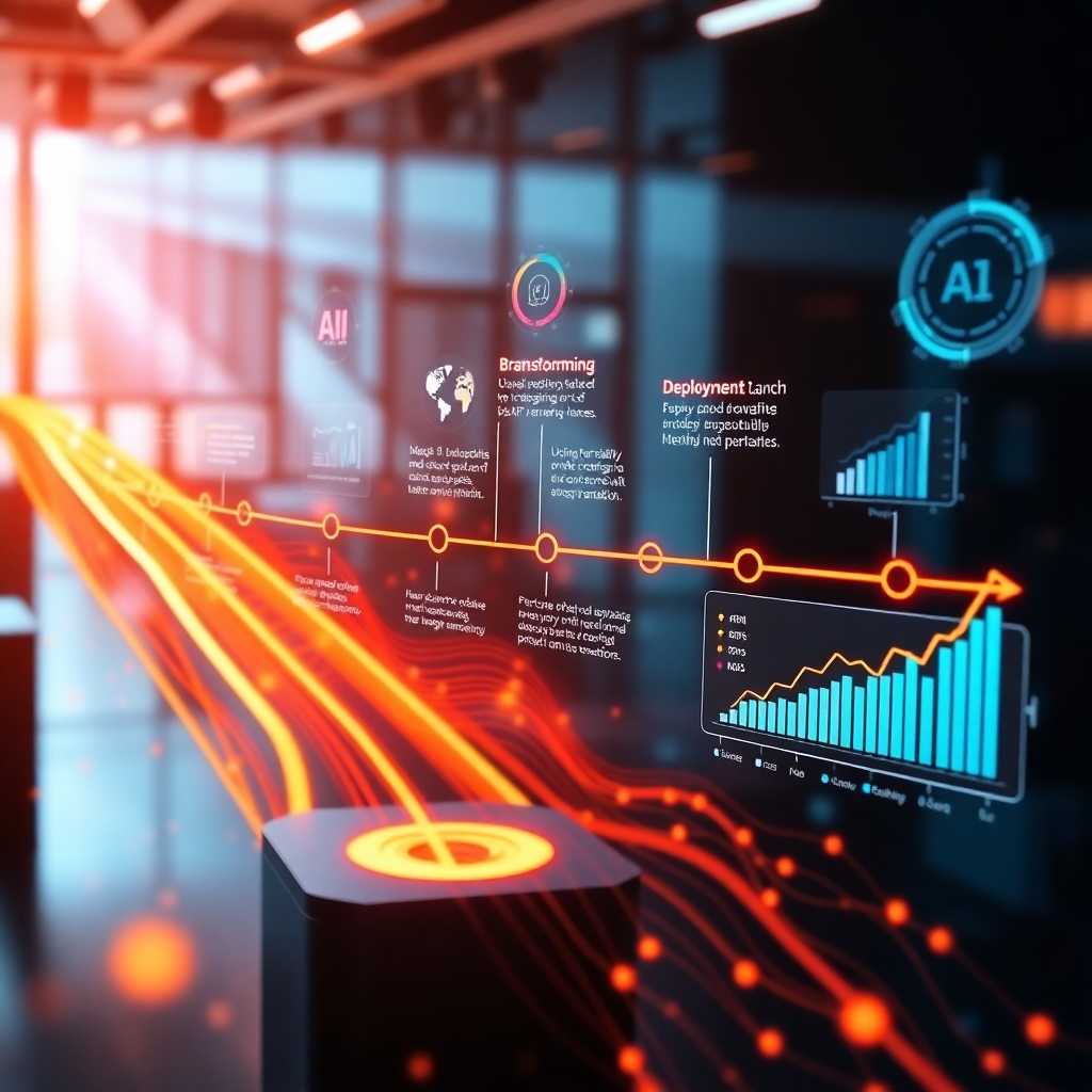 A dynamic scene illustrating a timeline of a product development cycle, showcasing stages like brainstorming, design, deployment, and launch, with energetic visuals of AI integrations and success graphs displayed, emphasizing speed and efficiency.
