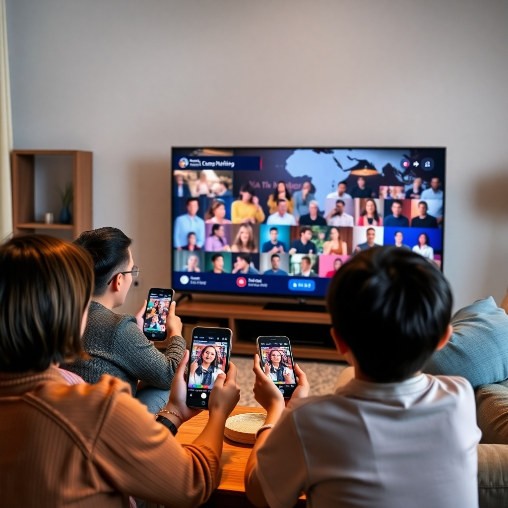 A dynamic scene of a family gathered around a large screen TV actively watching a live channel. Display a diverse array of viewers engaging through comments and reactions on their mobile devices, with a world map in the background showing global reach.