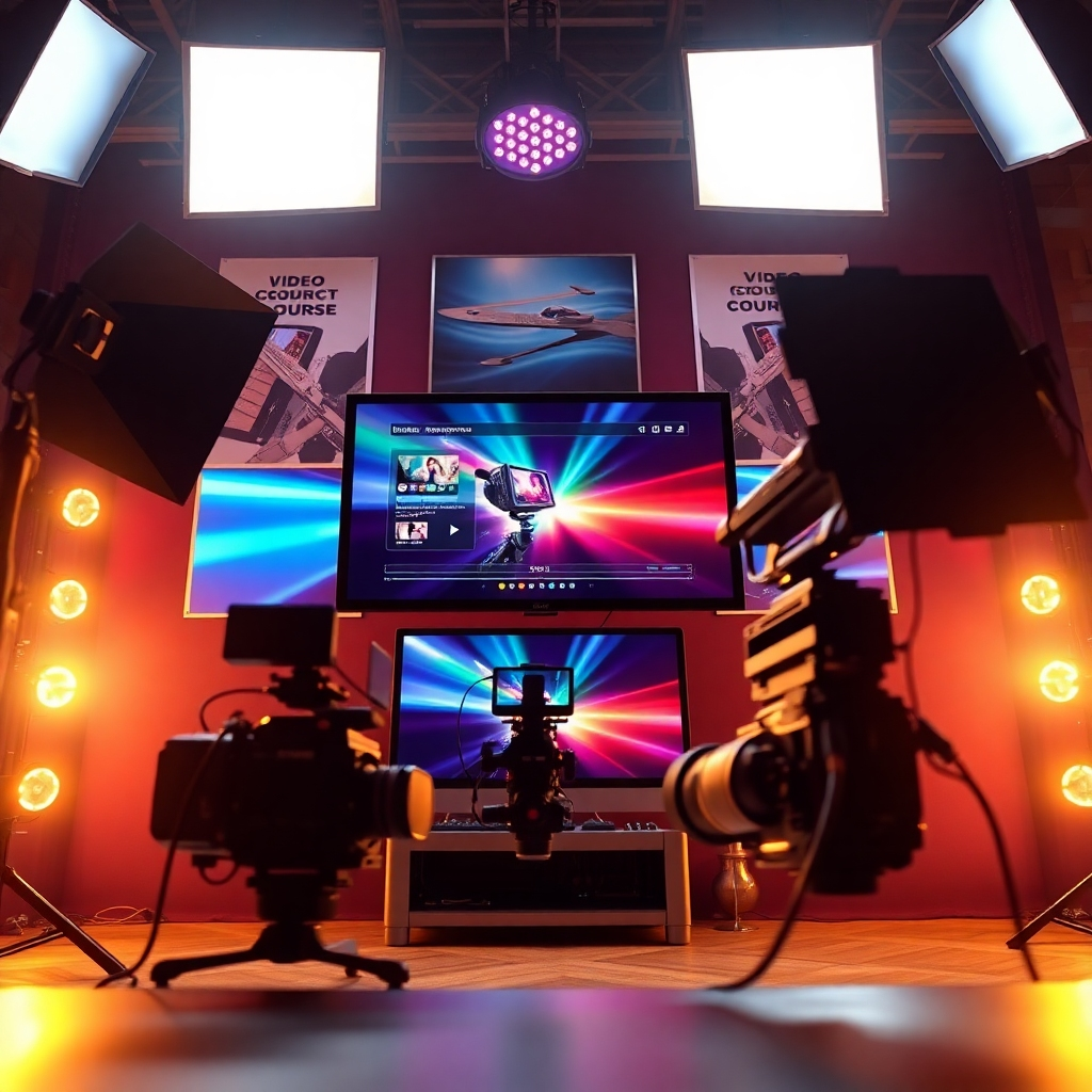 A dynamic video production setup showcasing a vibrant screen displaying a video rendering interface. The environment is a professional video studio, rich in colors and high-tech lighting. Dramatic side lighting highlights the contours of the equipment while ambient light sets a warm mood. The camera angle is positioned slightly low, creating a sense of grandeur, capturing the screen's animated visuals alongside high-end cameras and microphones. Textures of polished metal and smooth screens dominate the foreground, while large softbox lights add visual interest and depth. Inspirational posters about video production techniques decorate the walls, evoking a professional yet creative atmosphere. This image, depicted in hyperrealistic style and 8K resolution, embodies the speed and efficiency of AI in video course creation.