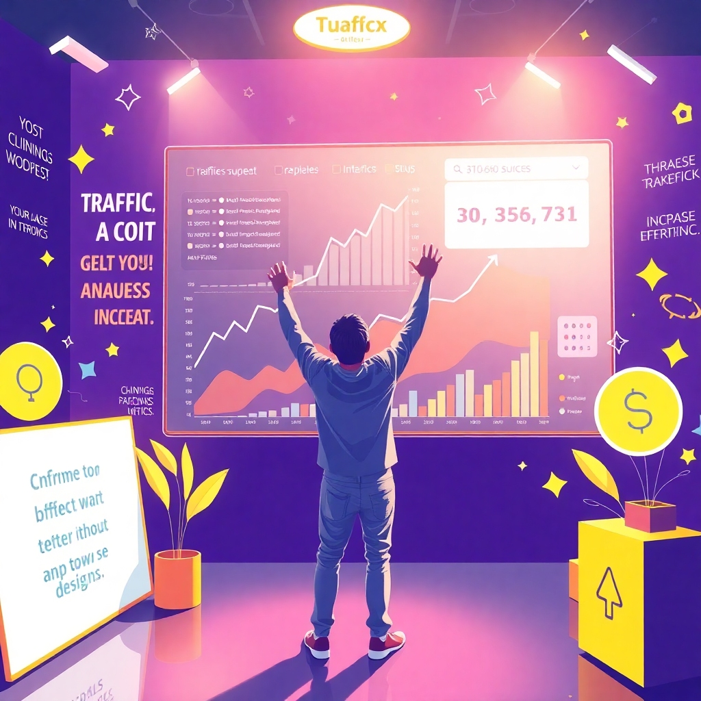 A dynamic visual illustrating a user celebrating a significant increase in traffic and engagement metrics. The user stands before a large screen displaying rising graphs and analytics that light up the room. A bright color palette highlights success and achievement, while the surrounding environment is filled with motivational symbols and success quotes. The energetic atmosphere evokes a sense of accomplishment, visually demonstrating the impact Articalize APP can have on a business’s traffic.