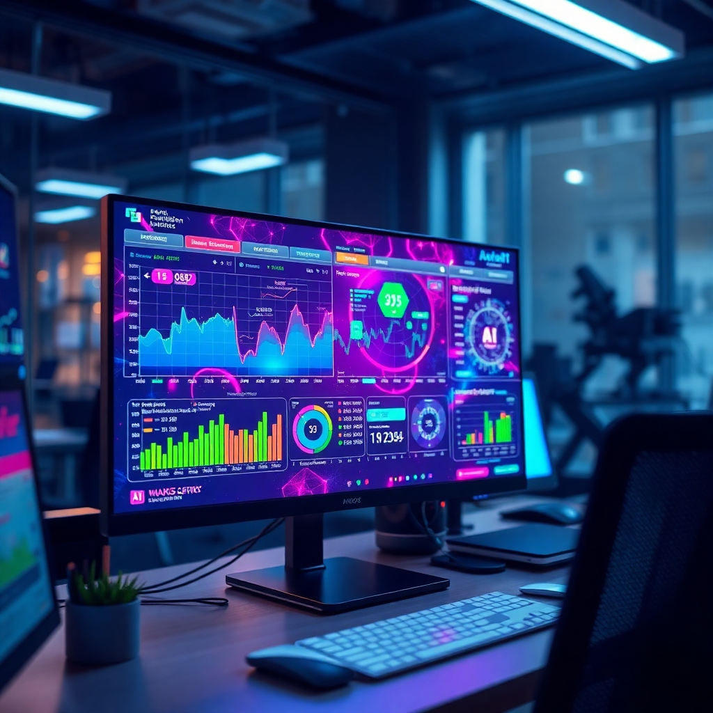A dynamic visual showing a computer screen filled with colorful graphs and AI indicators, illuminated in a modern office. Capture the excitement of technology by including futuristic holograms. Bright LED lighting enlivens the ambiance in a tech-savvy workspace. Aim for hyperrealistic textures and depth. Technical specs: high resolution.