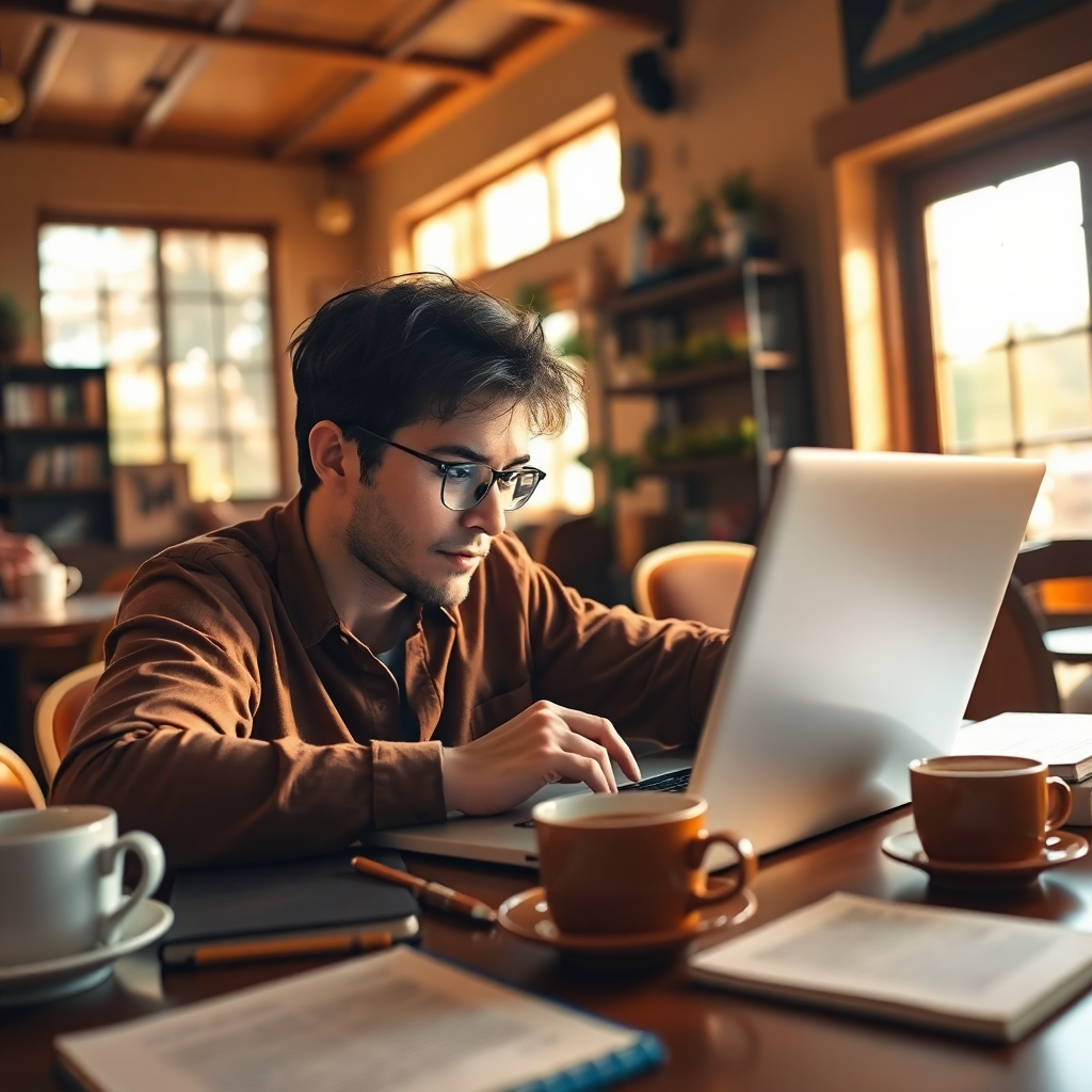 A dynamic visual showing a writer intently focused on their laptop with Writix AI interface on the screen. The setting is a cozy café with a warm ambiance. Sunlight pours in, illuminating cups of coffee and notebooks scattered around. The camera angle captures the writer's expression of inspiration, with warm earth tones dominating the image. Details like the glow of the laptop screen add a modern touch, creating a perfect blend of creativity and technology.