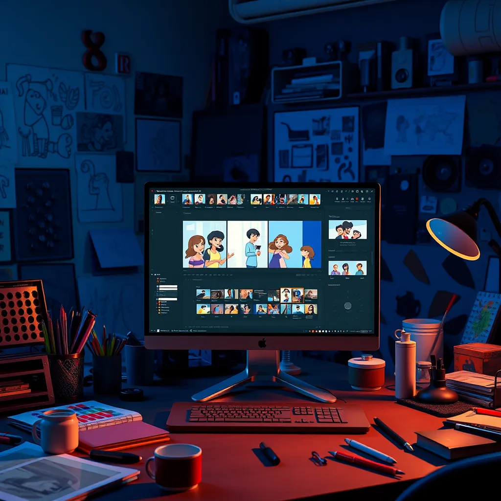 A dynamic workspace featuring a computer screen displaying an advanced storyboard interface with animated characters taken from various photos. The background is filled with creative elements: sketches, color palettes, and artistic tools, showcasing a vibrant, inspiring environment. Dramatic side lighting highlights the computer screen, creating contrasts that draw attention to the animation in progress. The color palette is rich, featuring deep blues and bright accents. The camera angle captures the screen and the surrounding workspace in an immersive way. Textures of paper and digital elements create a tactile feel, immersing viewers in the storytelling process. Rendered in hyperrealistic detail, with focus on the user's enthusiastic expressions and the workflow, all in 8K resolution, akin to the cinematic styles of professional editing studios.