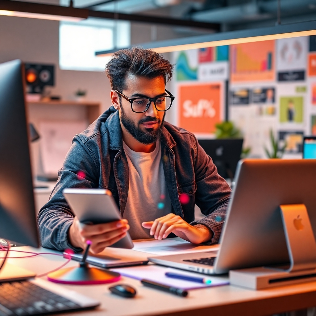 A dynamic yet organized image depicting a busy creator multitasking between platforms, using AI tools for instant graphic generation. The workspace is modern with sleek tech tools, offering a burst of colors as designs come to life. The lighting highlights action and productivity, creating an inspiring scene captured in stunning 4K resolution.