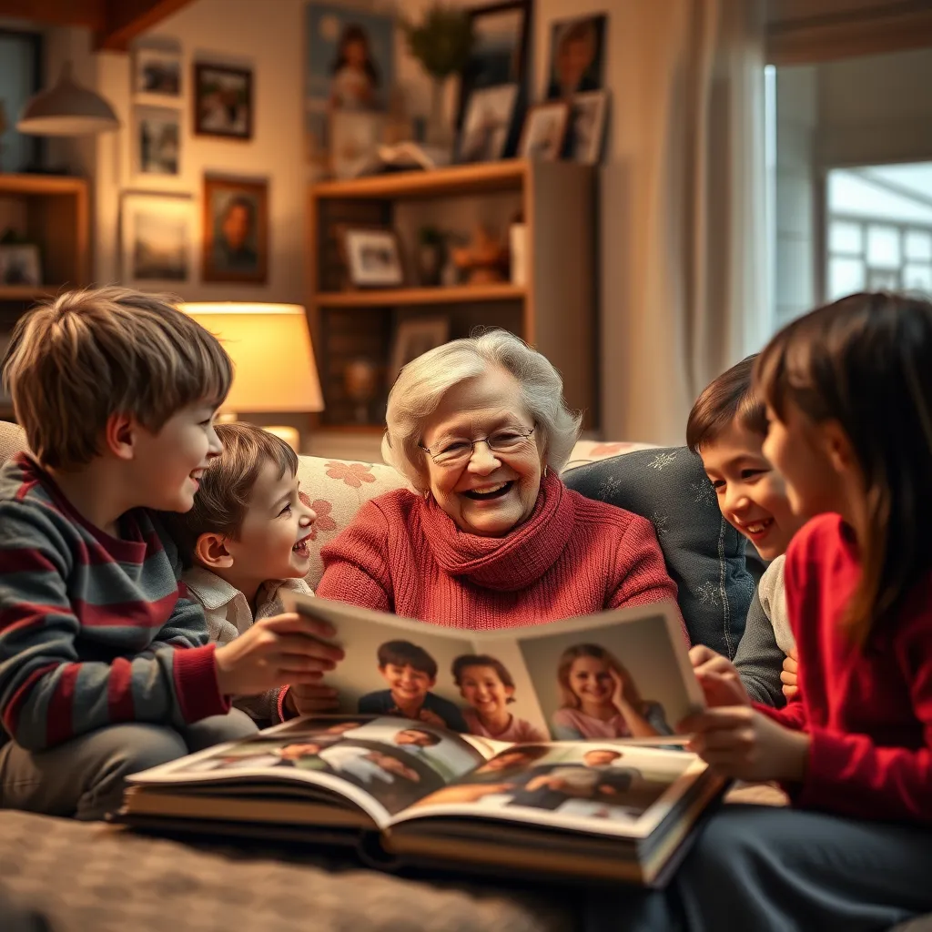 A family gathered around a photo album, with a picture coming to life. The image shows a laughing grandmother speaking to her grandchildren, displaying joy and emotion. The background features a cozy living room filled with family photos, warm lighting, and smiles.
