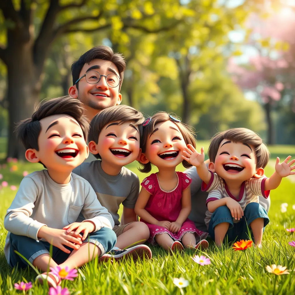 A family photo that comes alive with animated characters, featuring happy children laughing and playing, realistic facial expressions, and vibrant colors. The setting should be a sunny park with green grass and blooming flowers, enhancing the joyful atmosphere.