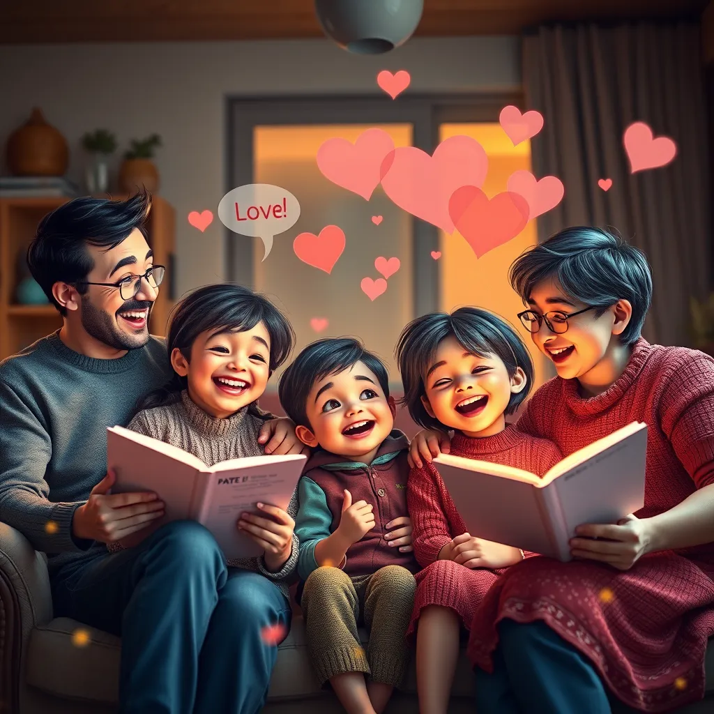A family portrait transformed into a lively scene, with the family members animatedly telling their stories, surrounded by vibrant effects showcasing emotions like joy and love, illustrating a heartwarming atmosphere with a cozy room in the background.