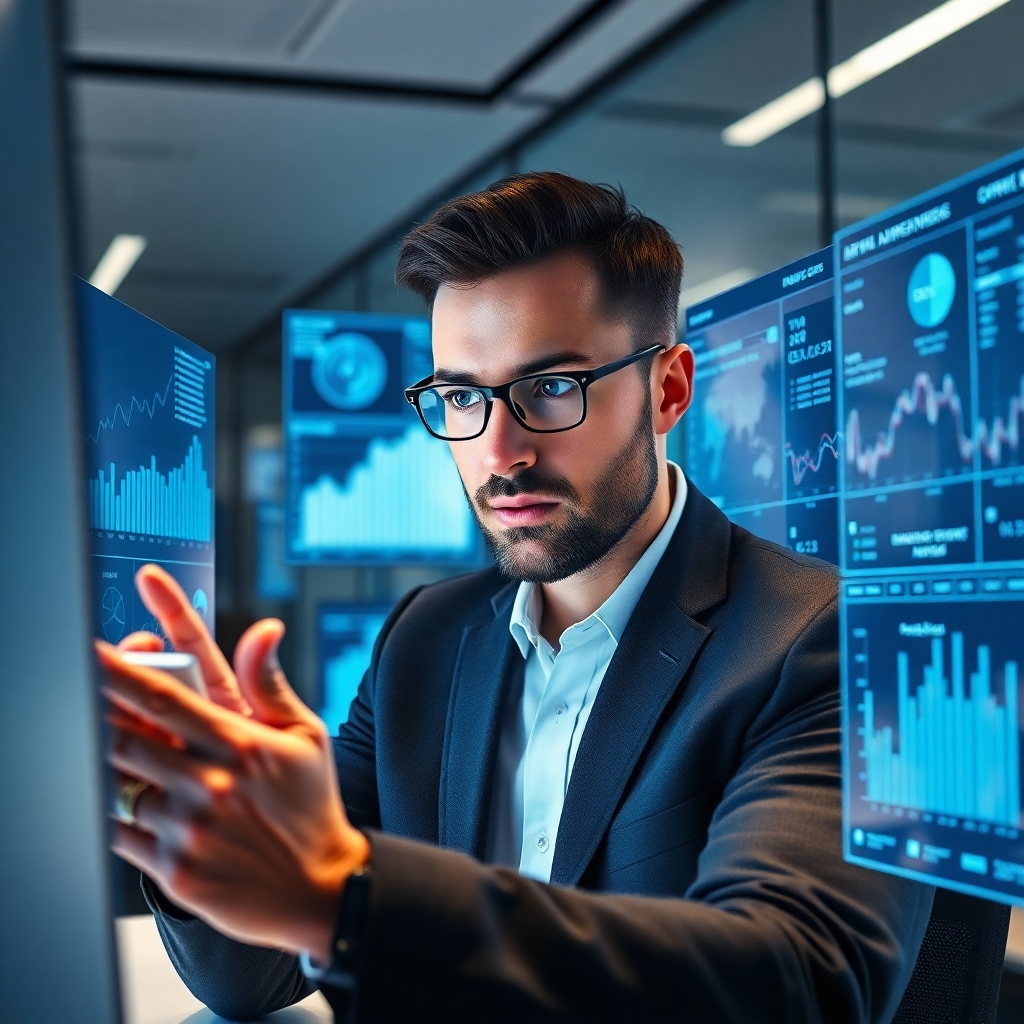 A fascinating, photorealistic image illustrating a professional analyzing data charts emitted from AI tools in a sleek office. The setting should be modern with transparent screens displaying real-time analytics. Bright, focused lighting should enhance clarity on the subject’s face, showing determination and insight. Textural details on surfaces should emphasize professionalism. Technical specifications: high quality.