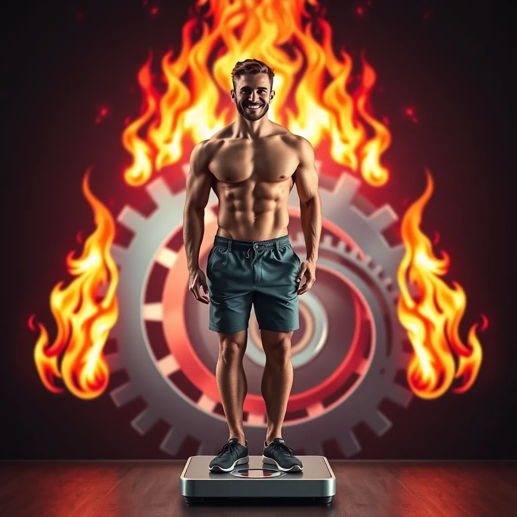 A fit and healthy person standing on a scale with a smiling, confident expression. The background should show a visual representation of a 'fast metabolism' with gears and flames, symbolizing the burning of calories. The colors should be vibrant and motivational.