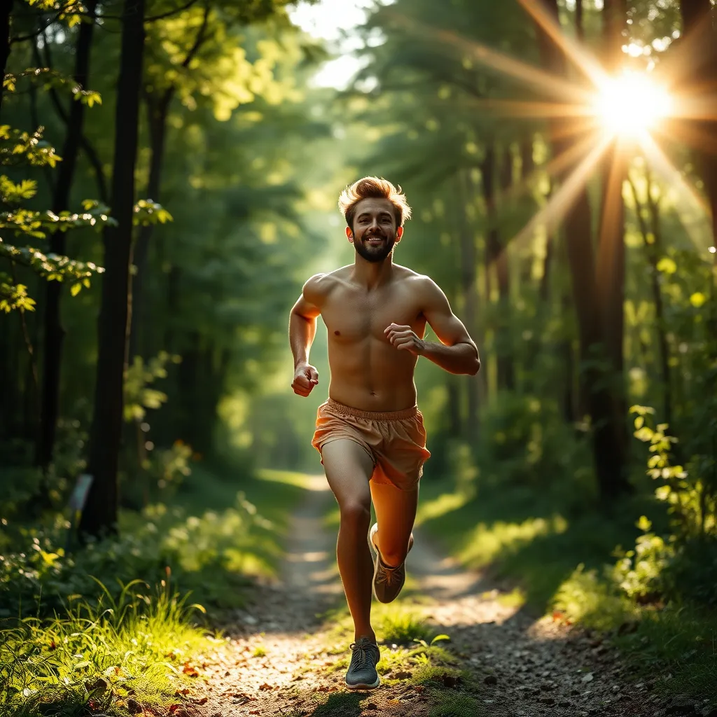 A fit person running in a lush, green forest with a radiant, energetic expression. Sunlight beams through the trees, symbolizing natural energy. The person’s body should be slightly glowing to emphasize an active metabolism.