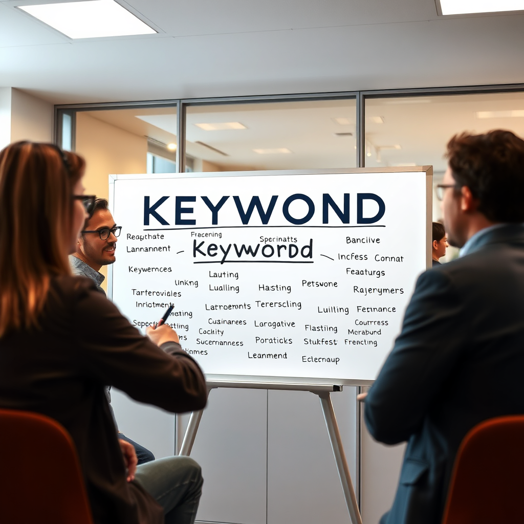 A focused image of a brainstorming session with keywords highlighted on a whiteboard, surrounded by people engaged in discussion. The room is modern and well-lit, creating a collaborative atmosphere. The color palette should incorporate bright shades to inspire creativity and teamwork. This image should be photorealistic and detailed, emphasizing the uniqueness of each keyword in a professional setting.