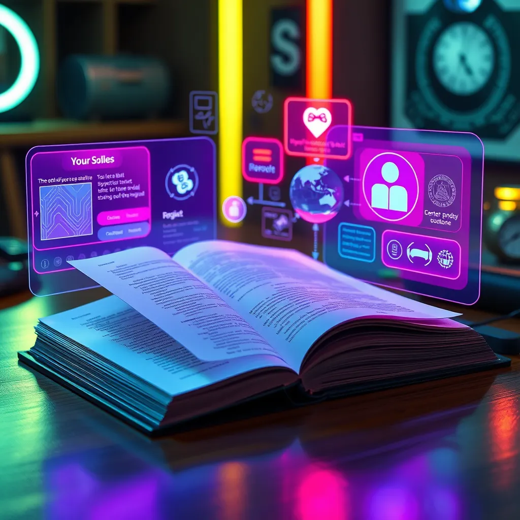 A futuristic book opened on a desk, surrounded by vibrant holographic displays showcasing text, images, and interactive buttons. A reader is interacting with the holograms, immersed in the experience, with colorful lighting enhancing the atmosphere.