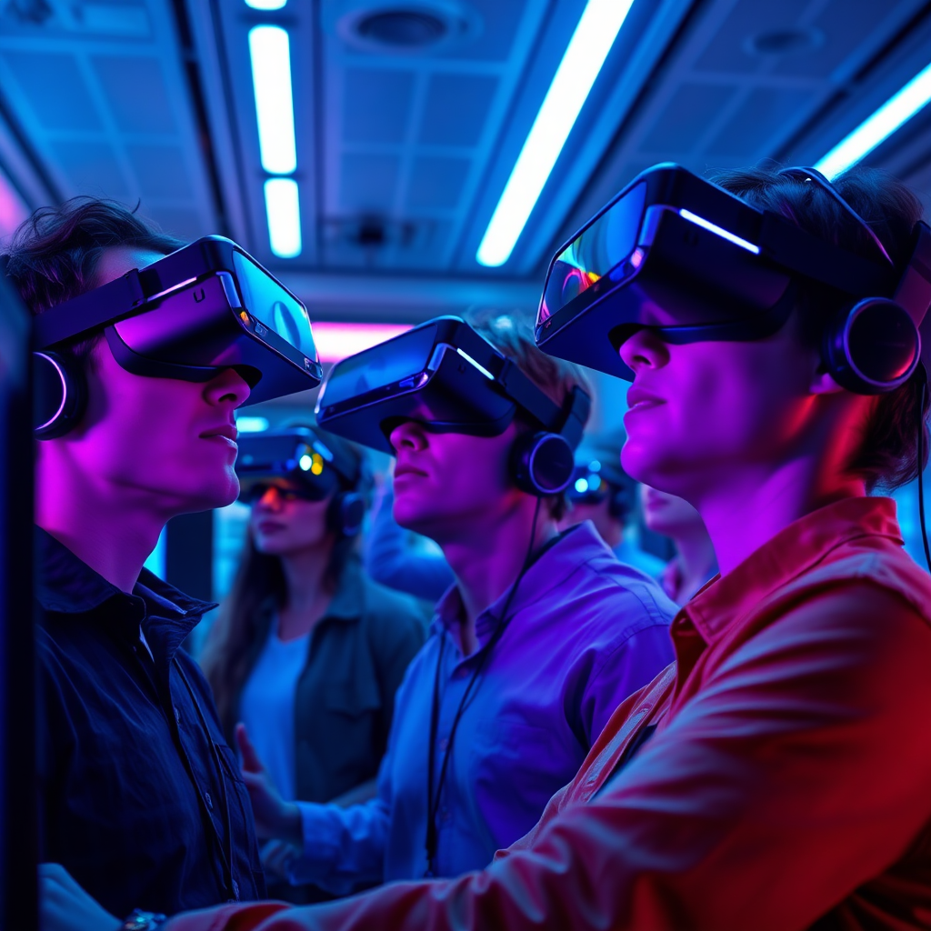 A futuristic concept image depicting a group of entrepreneurs using cutting-edge technology, such as virtual reality headsets, in a modern office. The lighting is sleek and ambient, with a color palette of neon blues and purples adding a sense of innovation. The camera angle captures the faces of the entrepreneurs lit by the screens, showcasing awe and concentration as they engage with virtual elements. This setting underscores the spirit of innovation, rendered in a high-quality, photorealistic style.