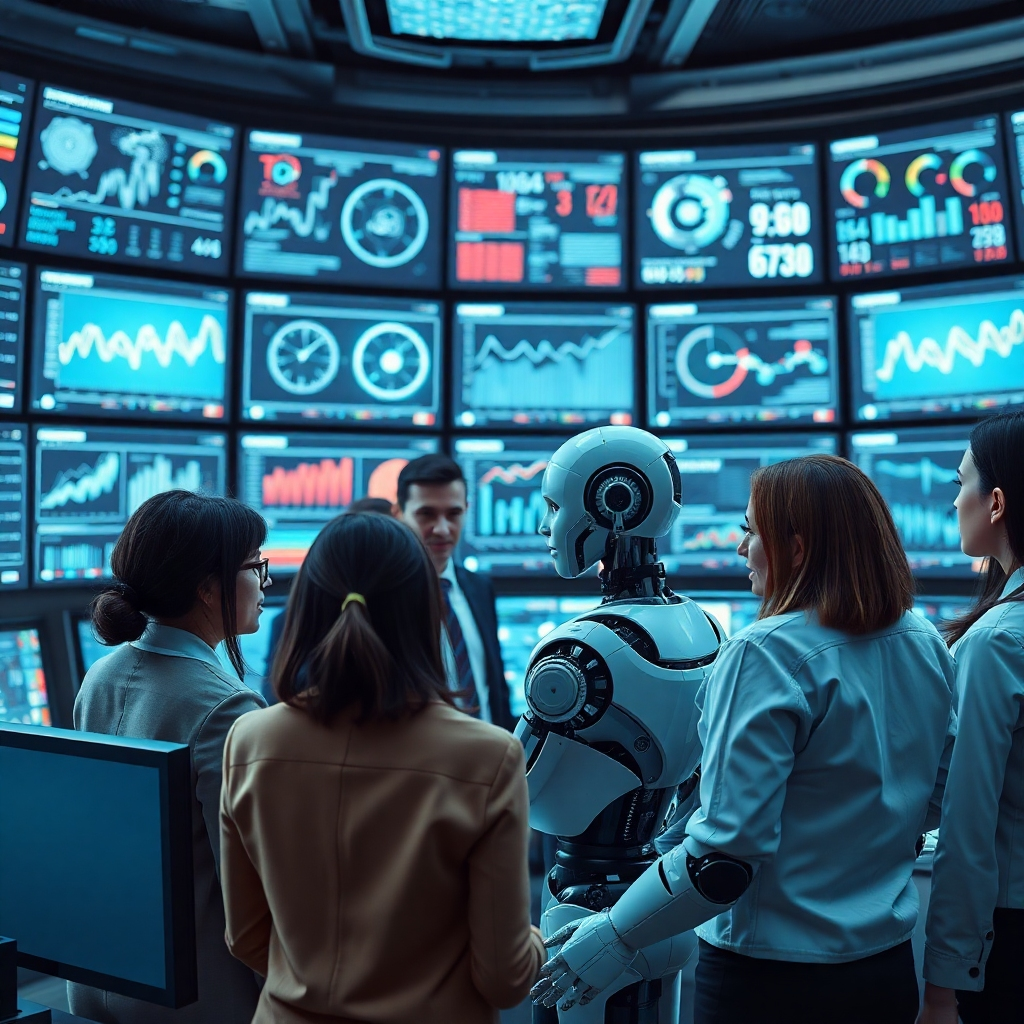 A futuristic control room filled with screens showing complex data analytics and innovative graphs. In the foreground, a diverse team of business professionals discusses strategies, with a humanoid robot assisting them, combining technology and teamwork.