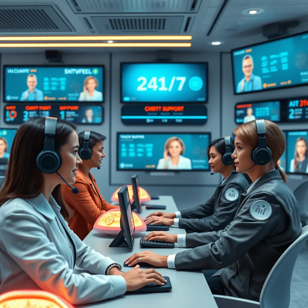 A futuristic customer service center with AI avatars assisting diverse customers on multiple screens. The design includes glowing buttons for 24/7 support and satisfied customers interacting with friendly AI assistants, highlighting excellent customer service and modern technology.