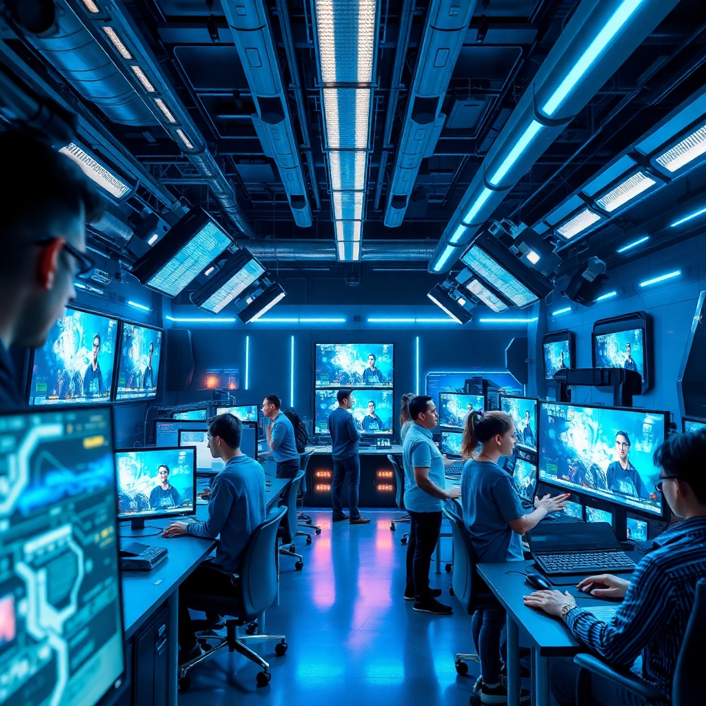 A futuristic depiction of a bustling AI-driven video studio, showcasing creators using advanced tools and processes. Sharp, dramatic lighting highlights the energetic atmosphere, with vivid colors of blues and silvers emphasizing the tech-forward nature of Vidko. The composition focuses on dynamic interactions between people and technology, with screens displaying AI-enhanced video content. Textures reflect a high-tech environment, blending creativity with cutting-edge technology.